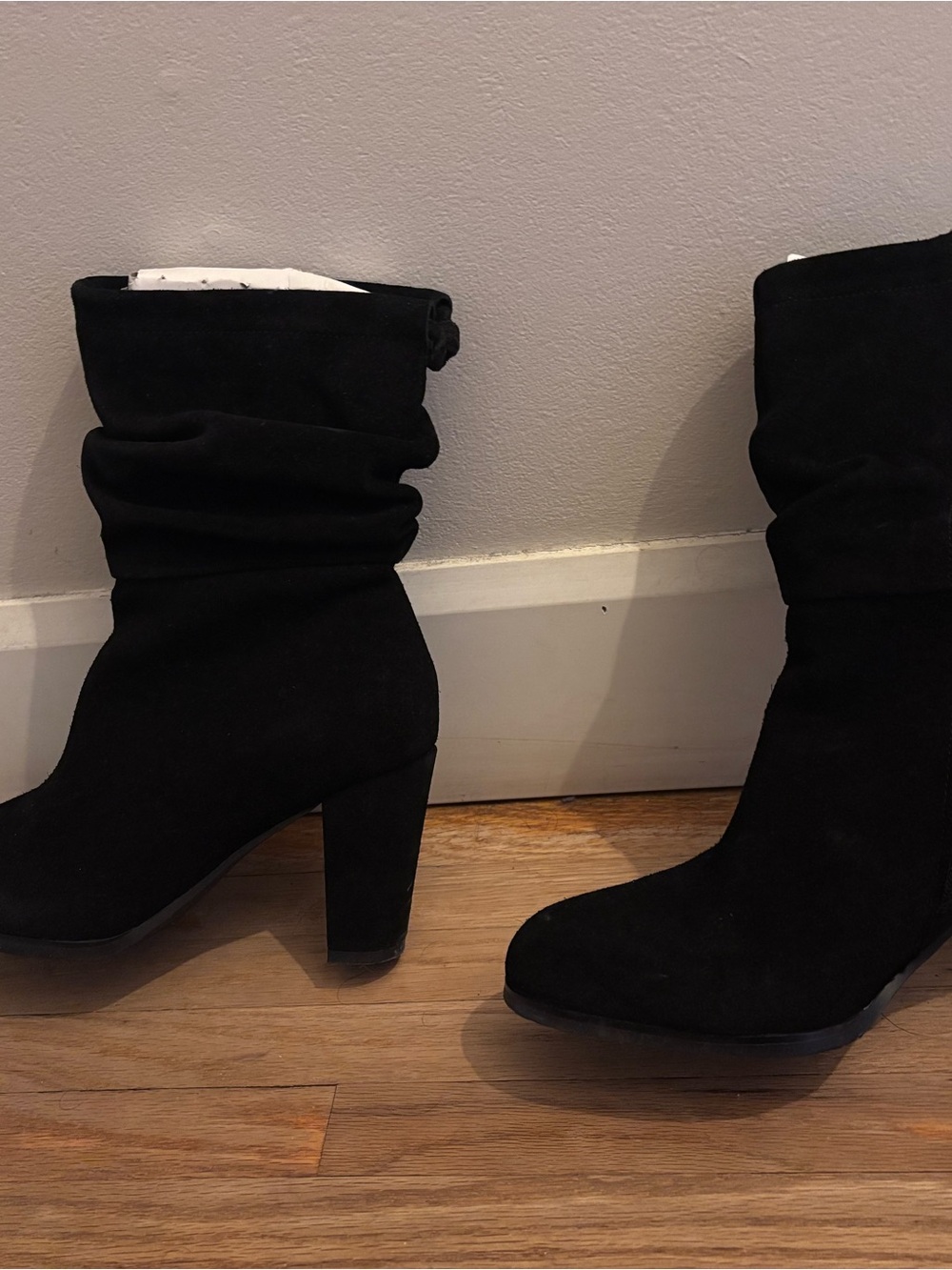 Women's Black Suede Slouchy Mid-Calf Block Heel Booties